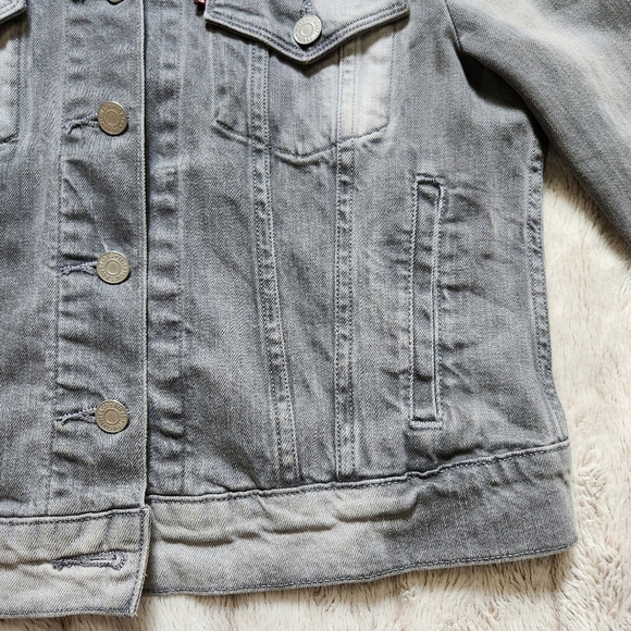 Women's Denim Jean Jacket Gray Distressed faded Cropped Collared LEVI STRAUSS - Picture 10 of 16